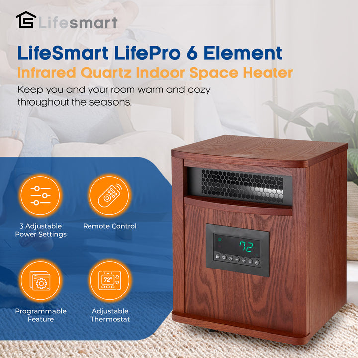 LifeSmart LifePro 6 Element 1500W Infrared Quartz Indoor Space Heater, Brown - VMInnovations