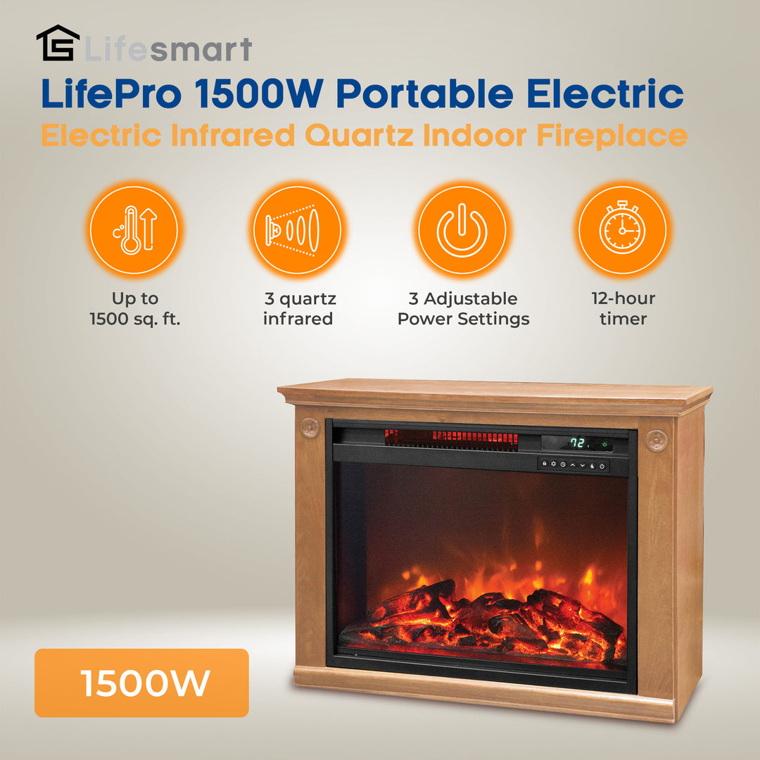 LifeSmart LifePro 1500W Portable Electric Infrared Quartz Indoor Fireplace