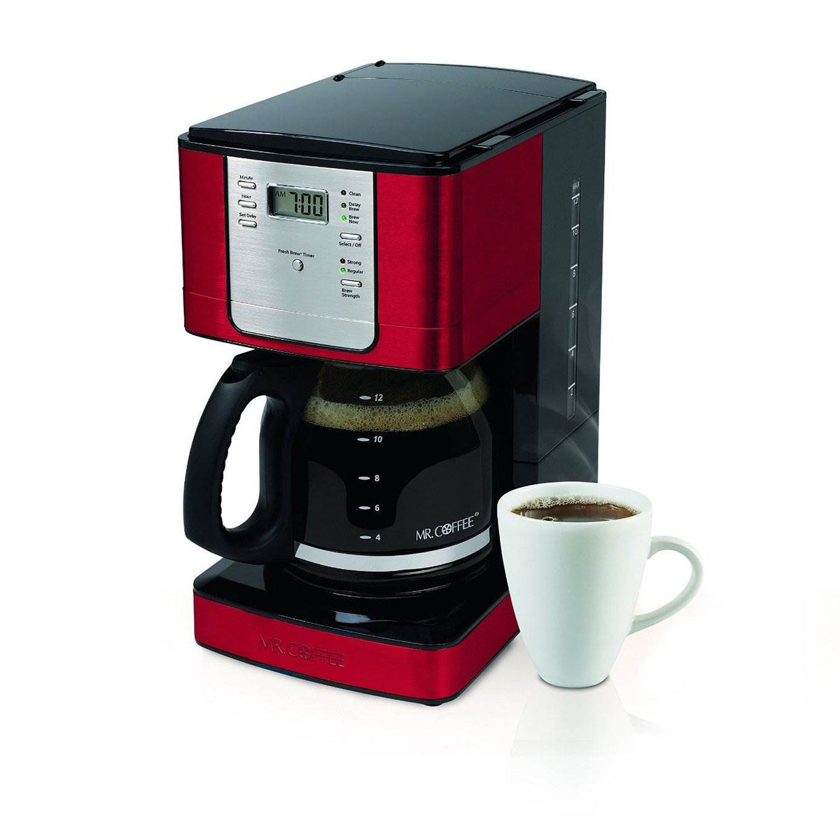 Mr. Coffee 12-Cup Auto-Pause Programmable Stylish Coffee Maker, Red (Open Box)