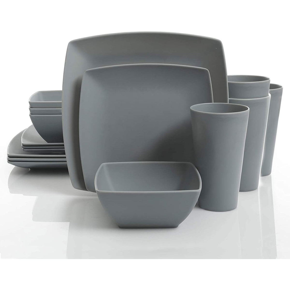 Gibson Home 16 Piece Modern Square Melamine Dinnerware Plate Set Grey (2 Pack)