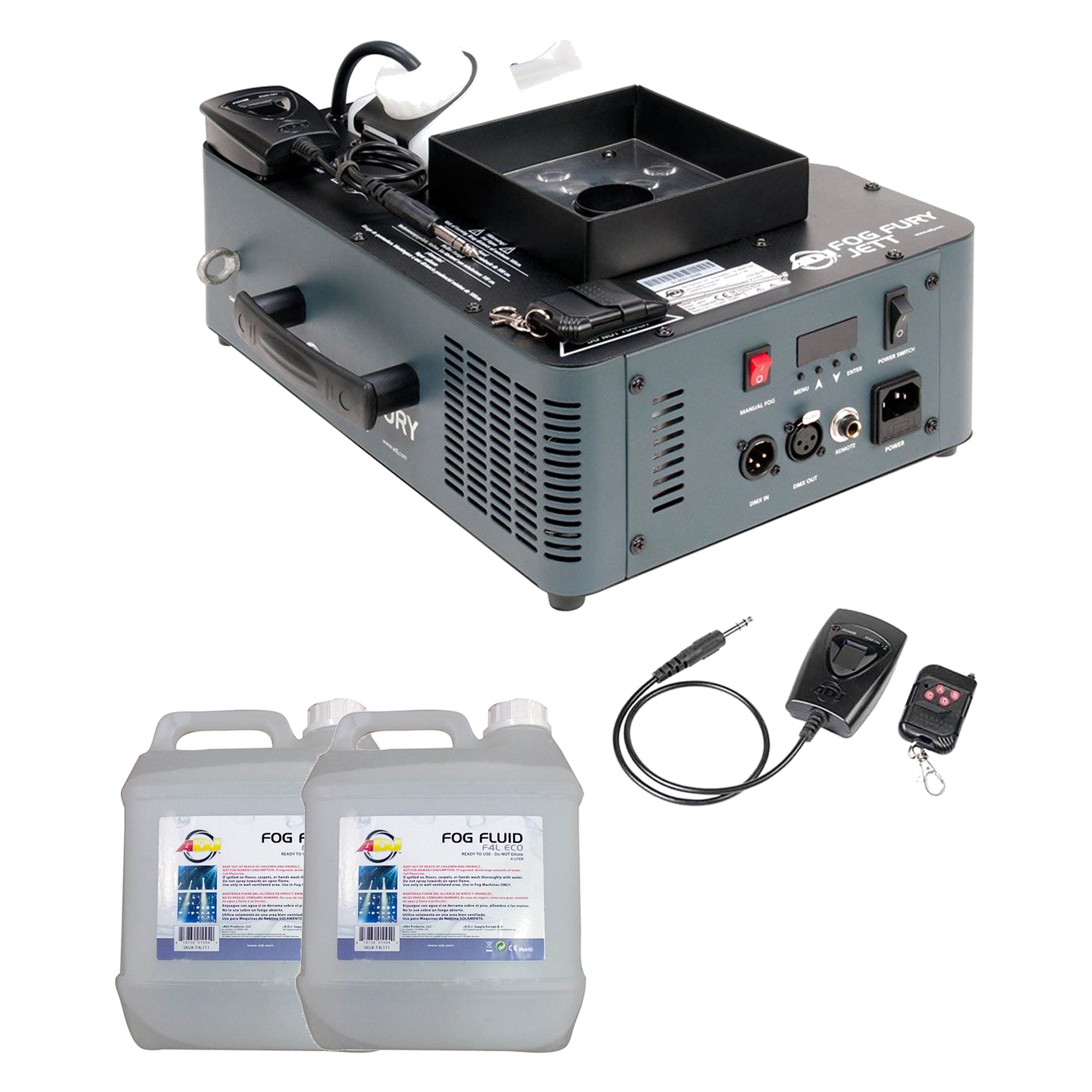 ADJ Fog Fury Jett Fog Machine w/LEDs, Remote Control & 4 Liter Fog Fluid, 2-Pack