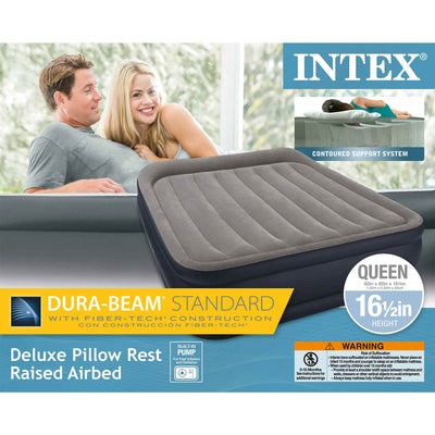 Intex Deluxe Pillow Rest Queen Raised Built-In Pump Fiber-Tech Airbed (Open Box)