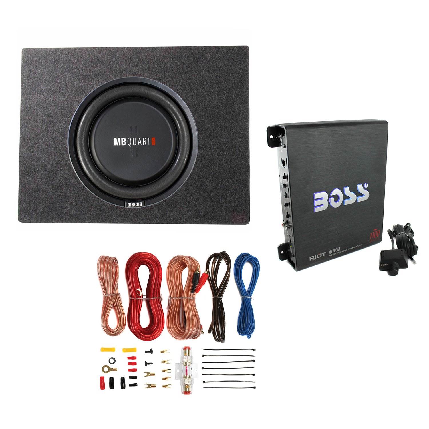 MB Quart 400 Watt 12 Inch Subwoofer + Slim Sub Box Enclosure + Car Amp + Wiring - VMInnovations