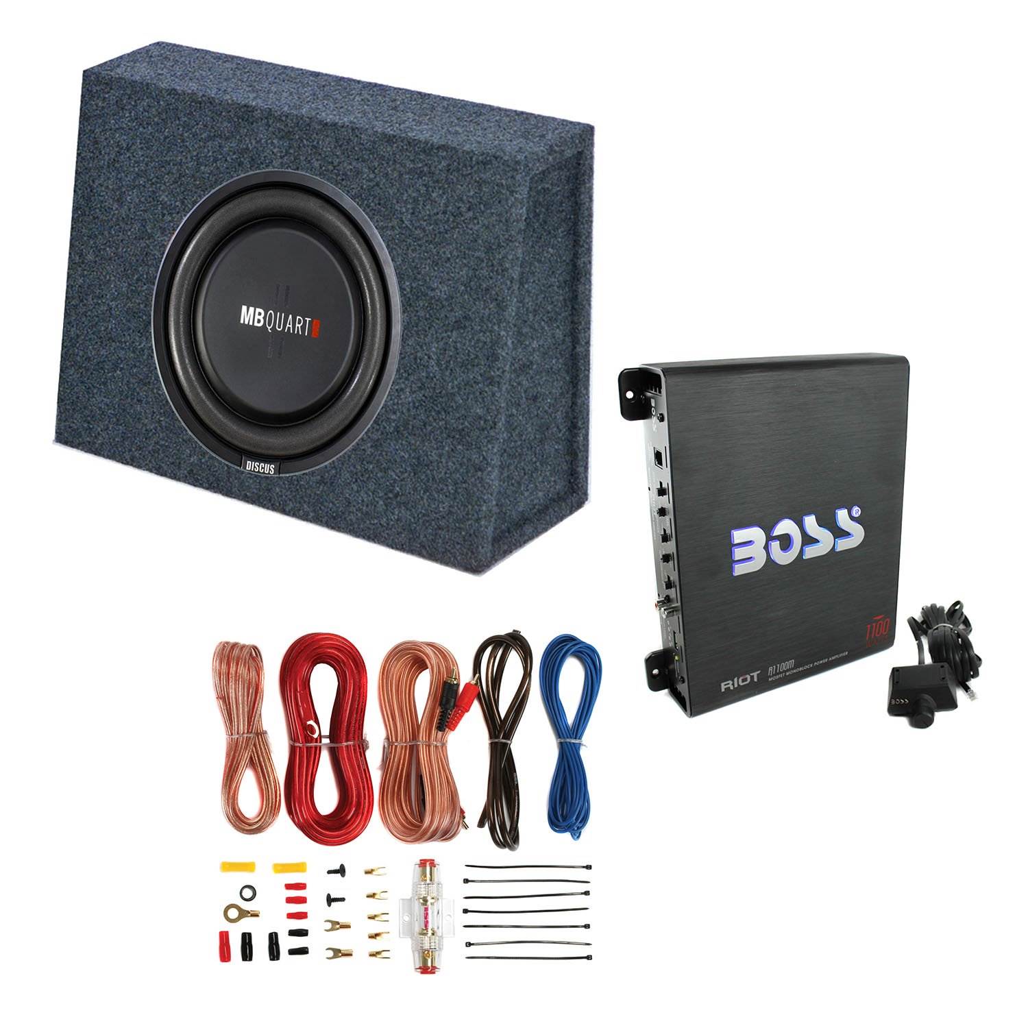 MB Quart 400 Watt 10 Inch Subwoofer + Slim Sub Box Enclosure + Car Amp + Wiring