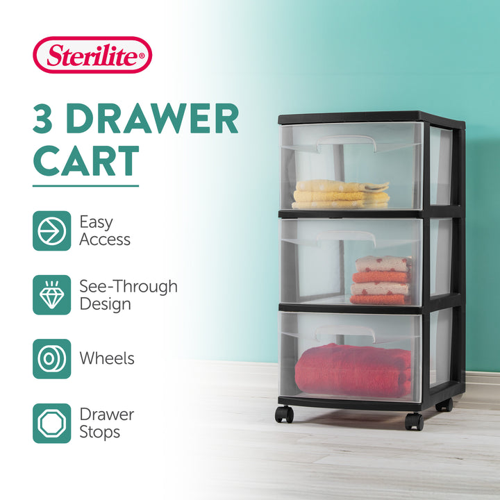 Sterilite 3 Drawer Plastic Rolling Storage Cart, Clear with Black Frame (4-Pack)