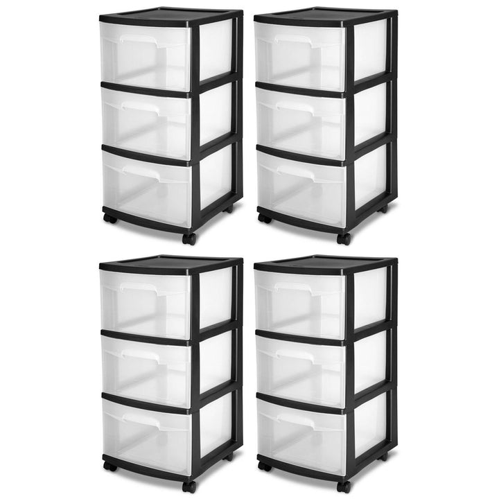 Sterilite 3 Drawer Plastic Rolling Storage Cart, Clear with Black Frame (4-Pack)