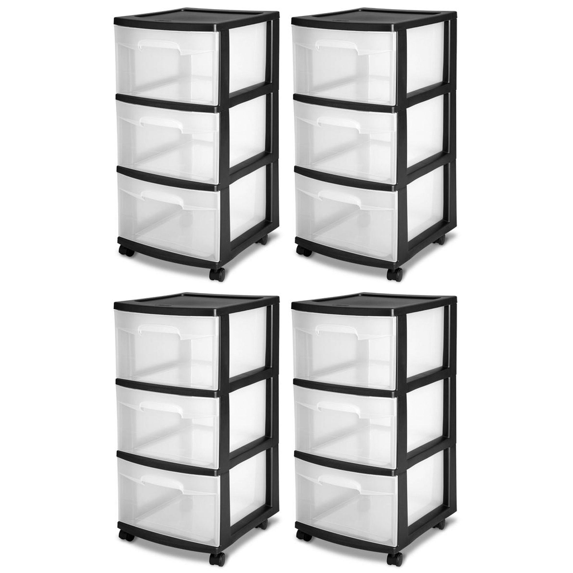 Sterilite 3 Drawer Plastic Rolling Storage Cart, Clear with Black Frame (4-Pack) - VMInnovations