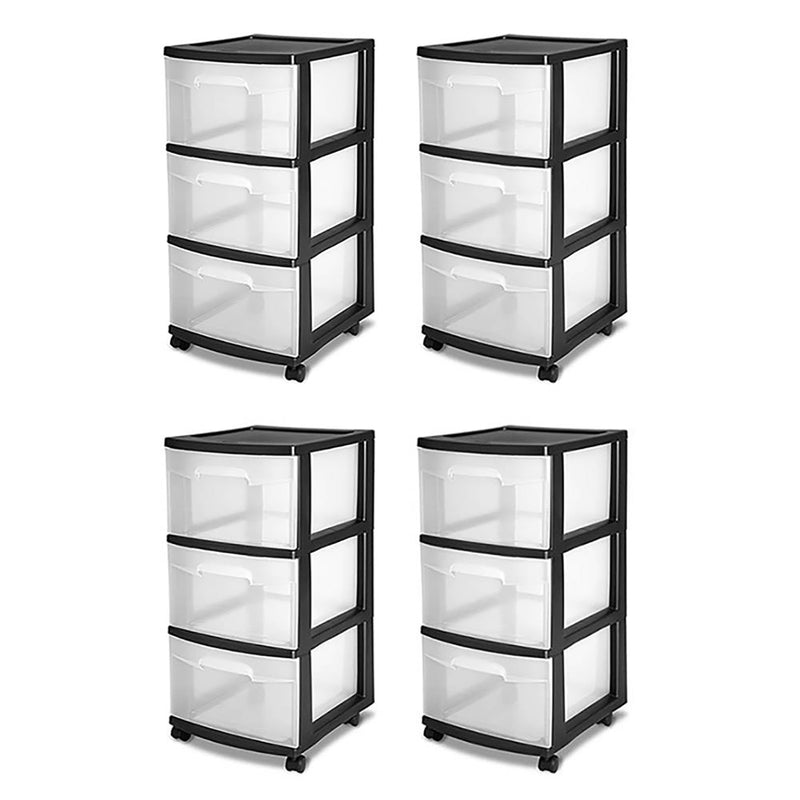 Sterilite 3-Drawer Storage Cart, Clear with Black Frame (4-Pack) - VMInnovations