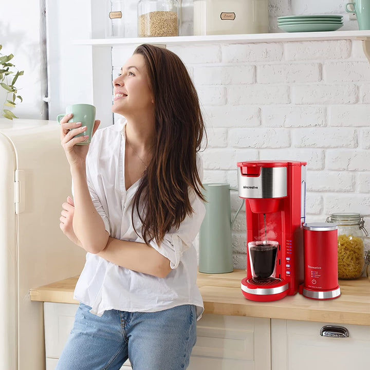 Single Serve Coffee Maker Cappuccino Machine with Milk Frother, Red (Used)