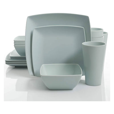 Gibson Home 16 Piece Square Set Plates, Bowls, & Cups, Mint (Open Box) (2 Pack)