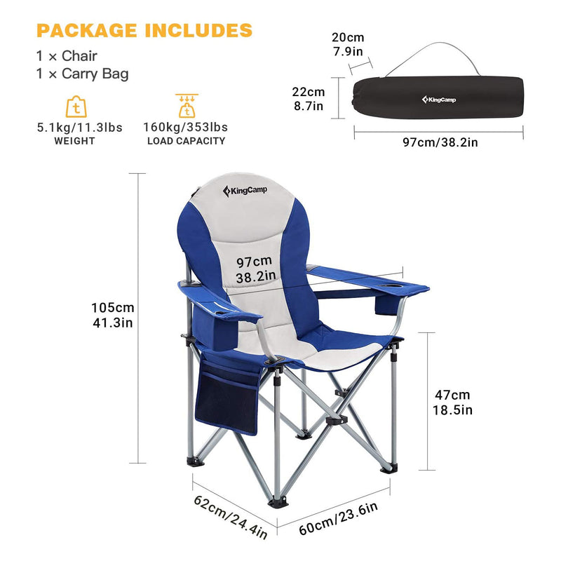 KingCamp Steel Padded Camping Folding Chair w/ Cooler Bag, Gray/Navy (Open Box)