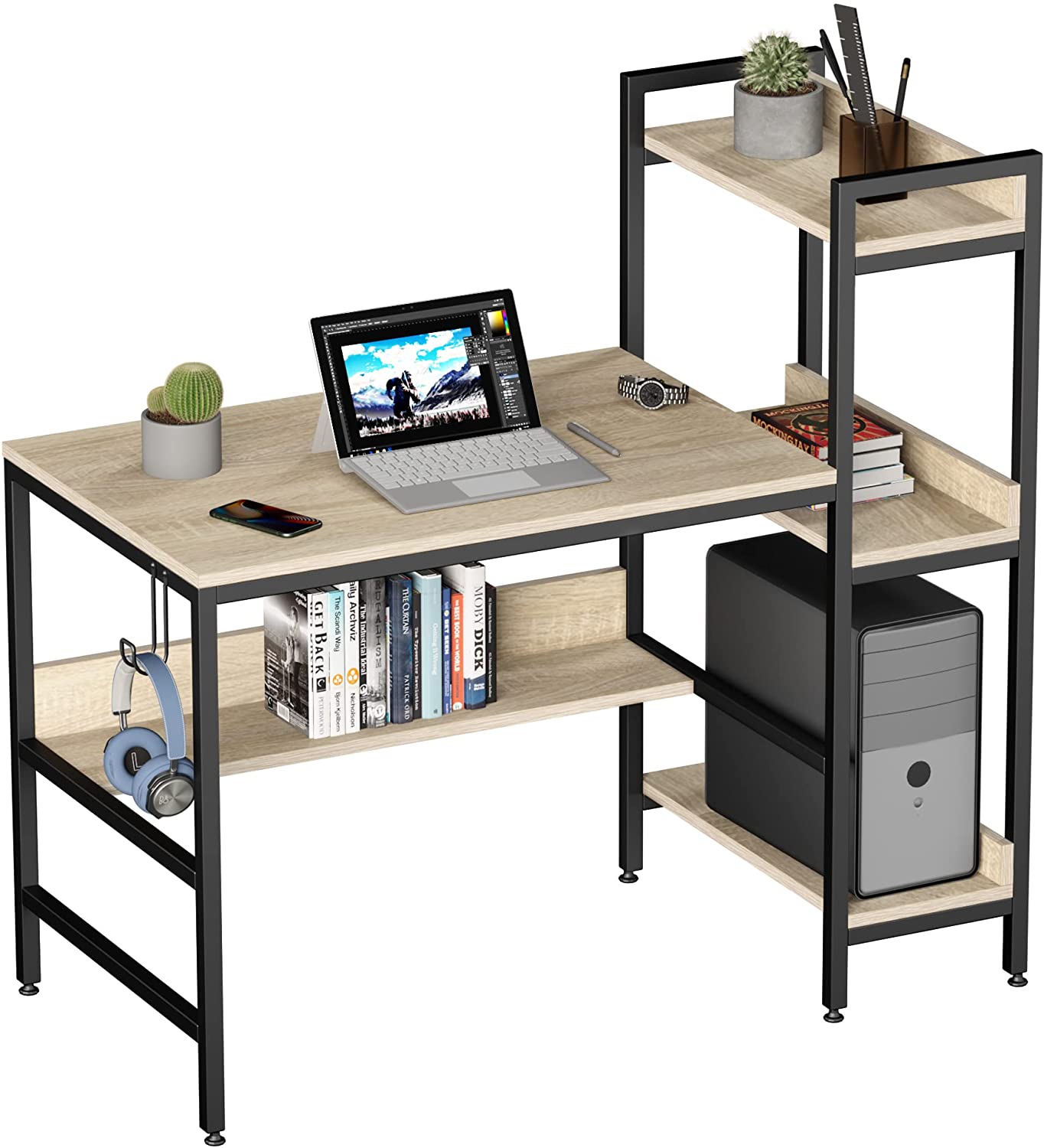 Bestier Computer Office Desk Workstation with Side Storage Shelves & Hook, Oak (Refurbished)