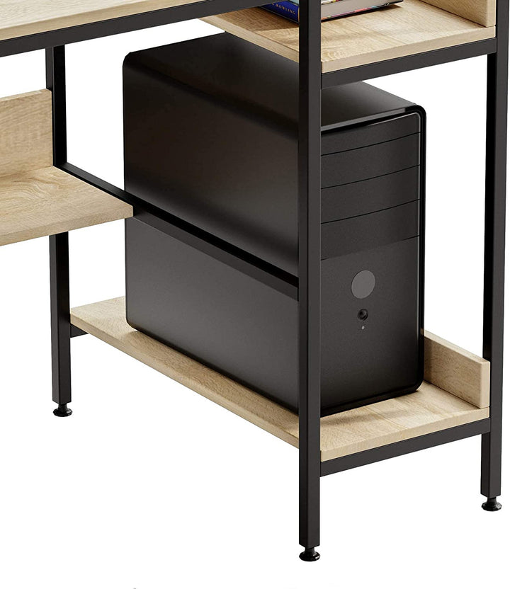 Bestier Computer Office Desk Workstation with Side Storage Shelves & Hook, Oak