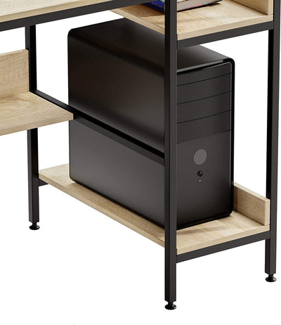 Bestier Computer Office Desk with Side Storage Shelves & Hook, Oak (Open Box)