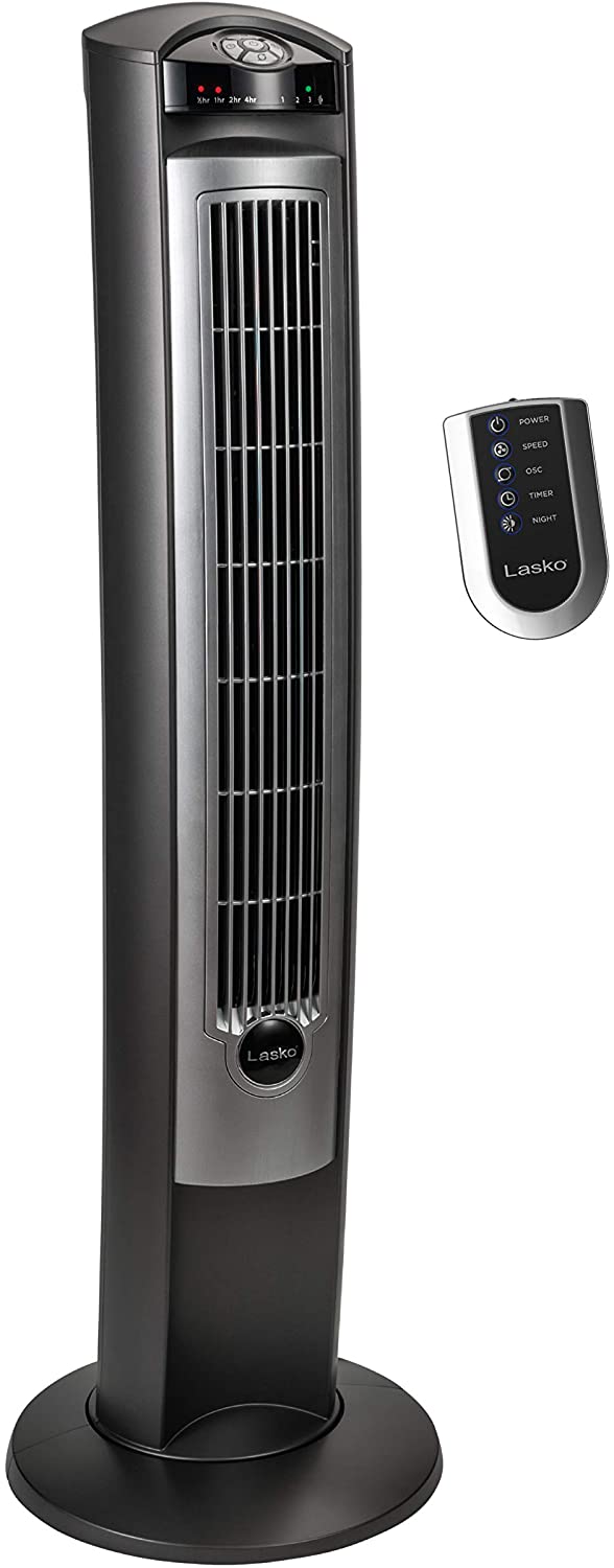 Lasko Wind Curve Nighttime Setting Tower Fan, Remote Control, Silver (Open Box)