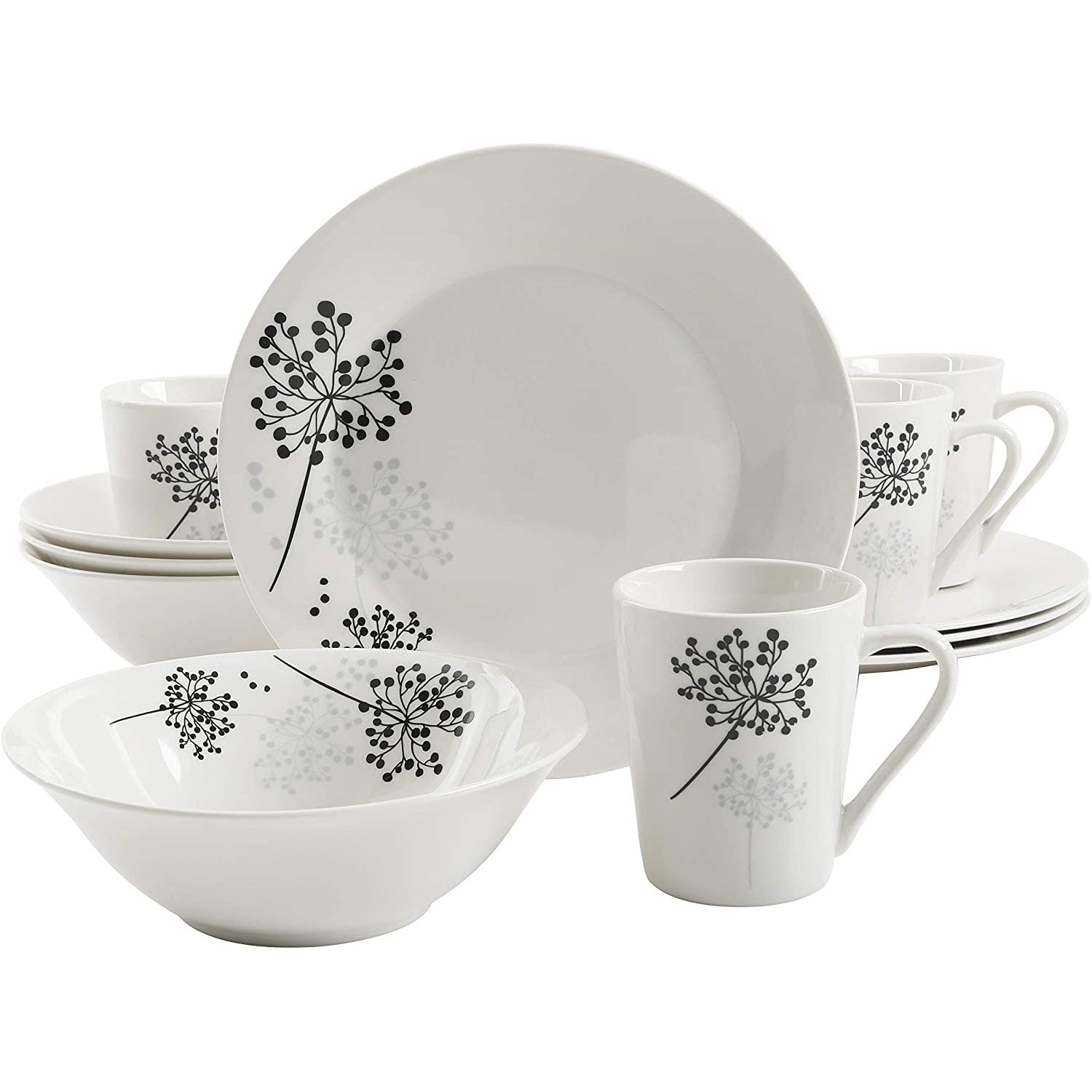 Gibson Netherwood 12 Piece Round Glaze Dinnerware Plates, Bowls, and Mugs, White - VMInnovations