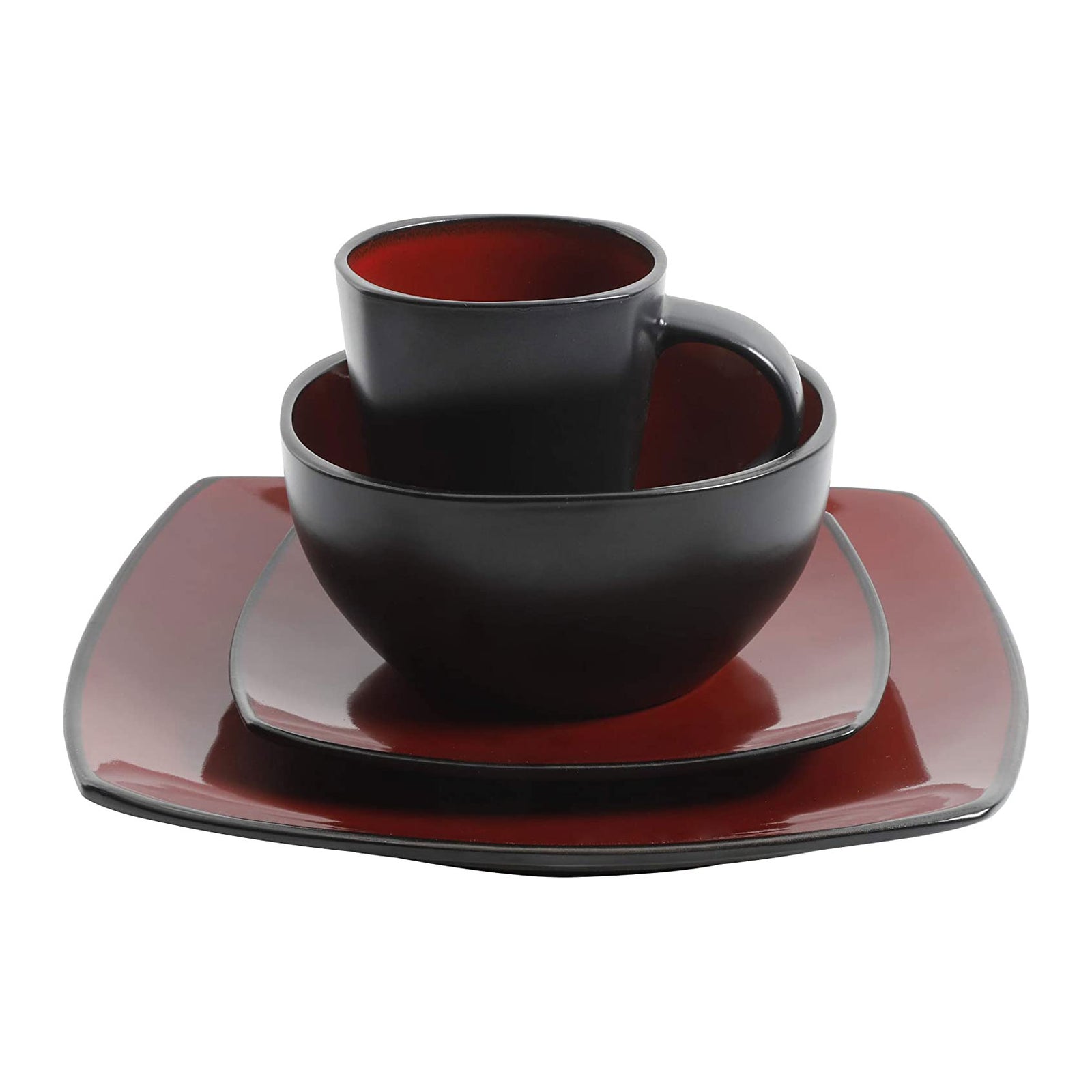 Gibson Soho Lounge 16 Piece Reactive Glaze Dinnerware Plates, Bowls, & Mugs, Red - VMInnovations