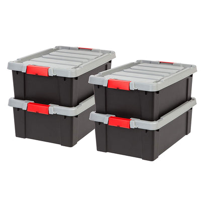 IRIS USA 10 Gal Plastic Store It All Tote Storage Box, Black (4 Pack) (Open Box)