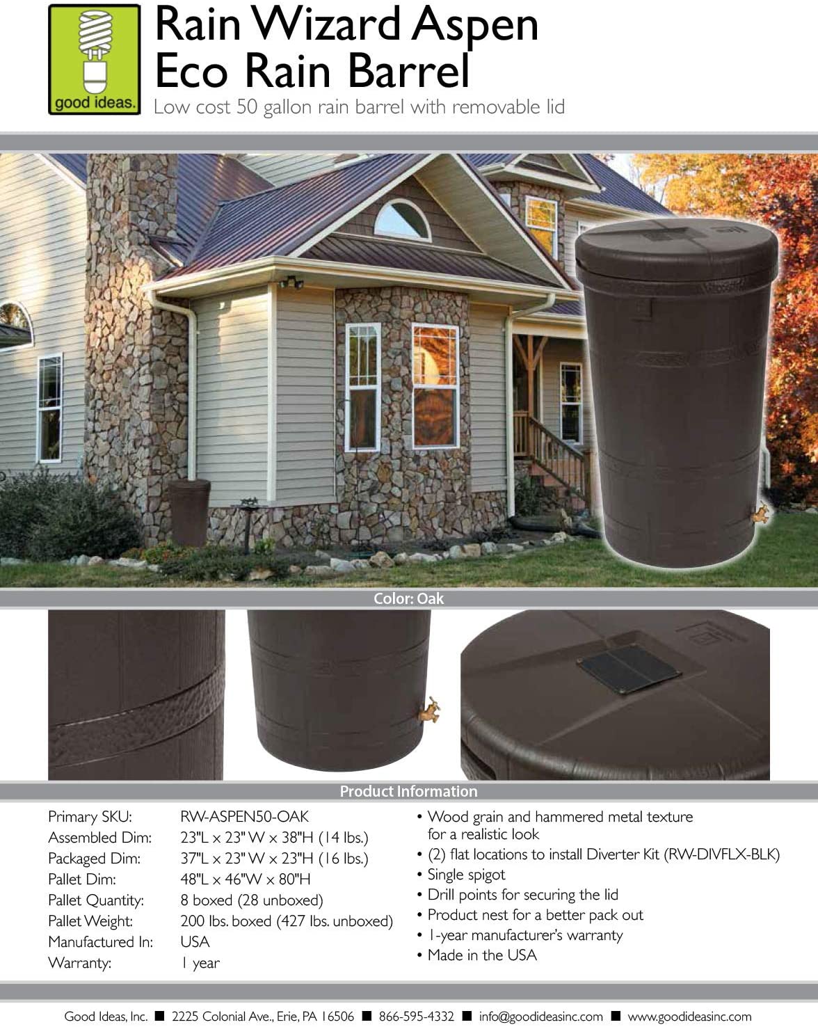 Good Ideas Aspen ECO 50 Gallon Outdoor Rain Barrel & Universal Rain Barrel Stand - VMInnovations