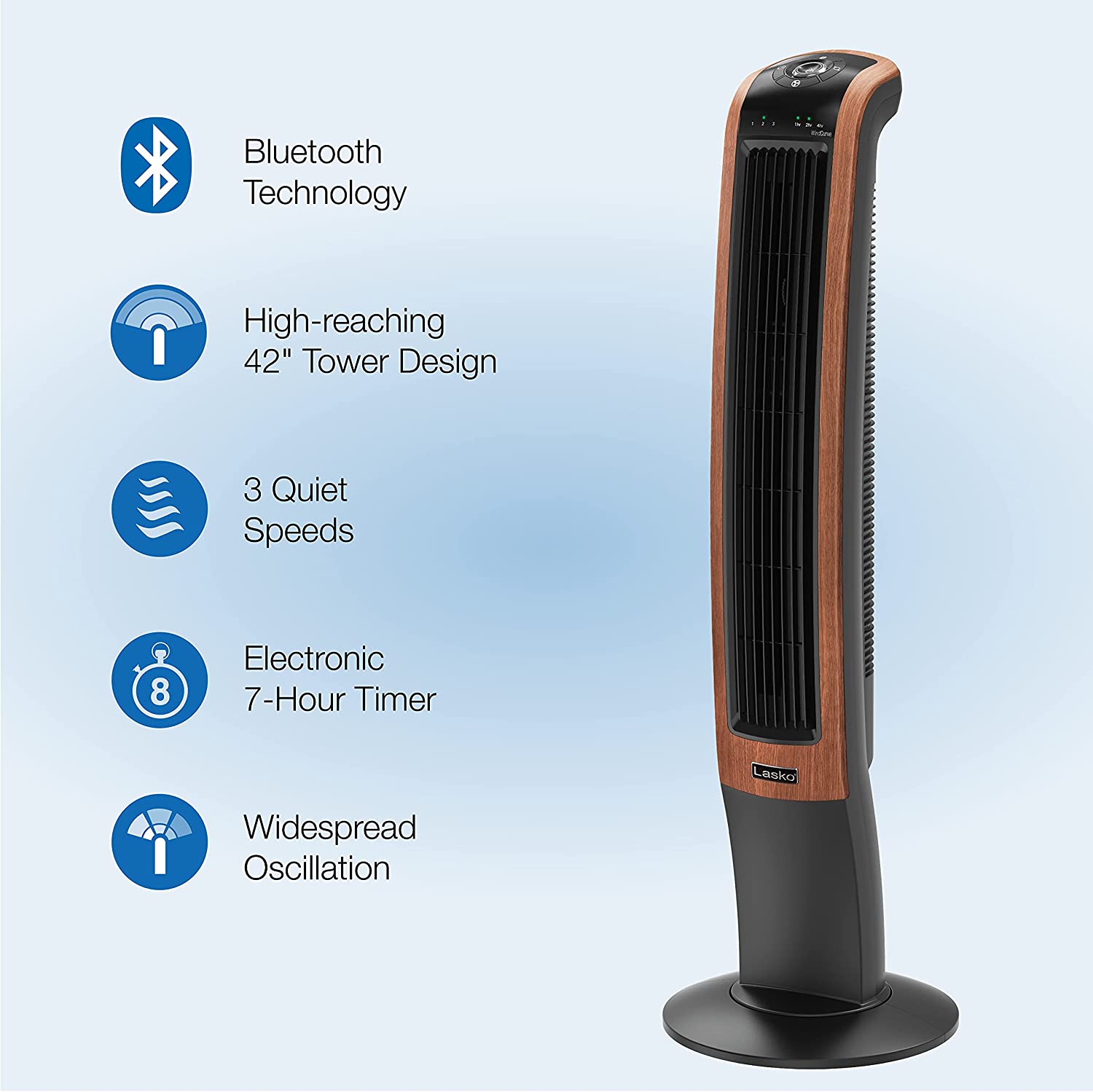 Lasko 42" Wind Curve Woodgrain Electric Slim Standing Tower Fan with Bluetooth - VMInnovations