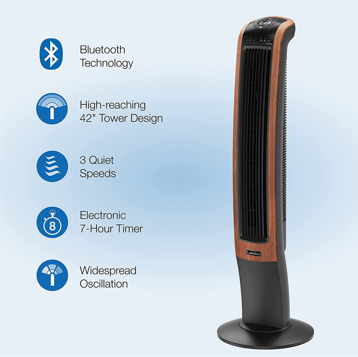 Lasko 42" Wind Curve Woodgrain Electric Slim Standing Tower Fan with Bluetooth