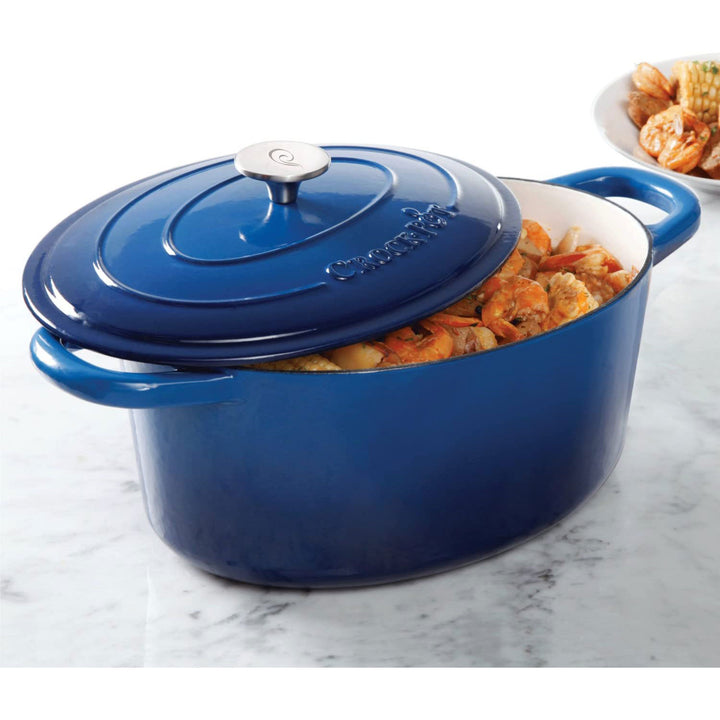 Crock-Pot 7 Quart Enamel Cast Iron Covered Dutch Oven Slow Cooker, Blue (Used)