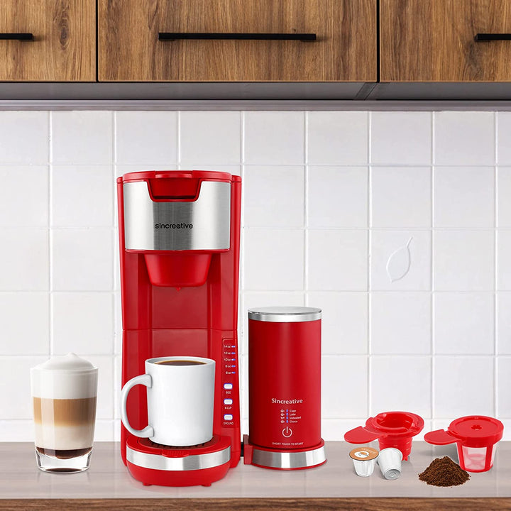 Single Serve Coffee Maker Cappuccino Machine with Milk Frother, Red (Used)