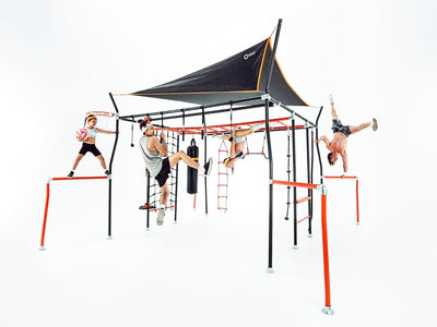Monkey Bar Box A + Monkey Bar Box B + Monkey Bar Box C + Monkey Bar Box E (2 Pack)  + Monkey Bar Box F (2 Pack)  + Monkey Bar Box H + Quest Shade Cover (XL) + Cargo Net (XL/L) + Gym Rope + Monkey Swing + Climbing Ladder + Round Ninja Grips (set of 6) + Fl - VMInnovations