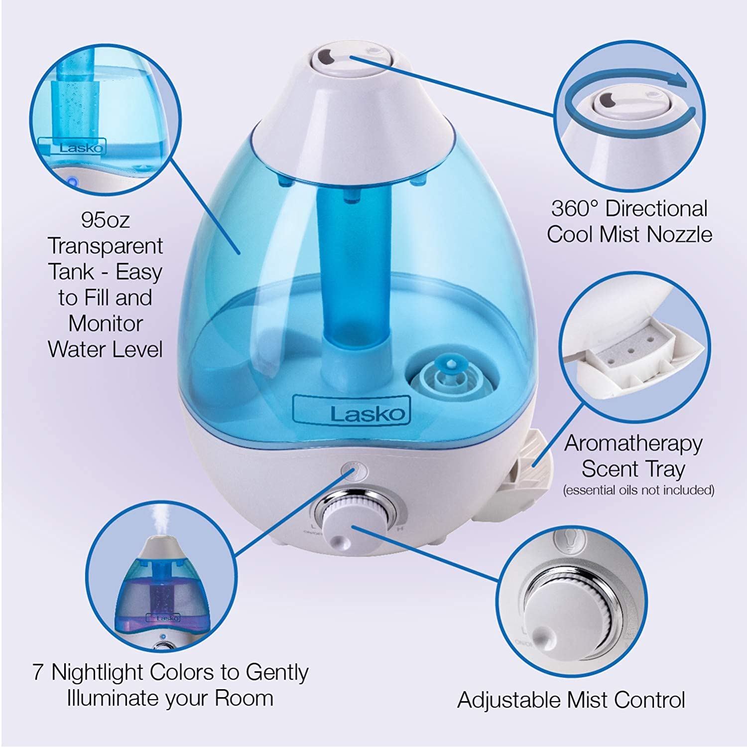 Lasko LKO-UH200 Ultrasonic 360 Degree Adjustable Nozzle Cool Mist Humidifier - VMInnovations