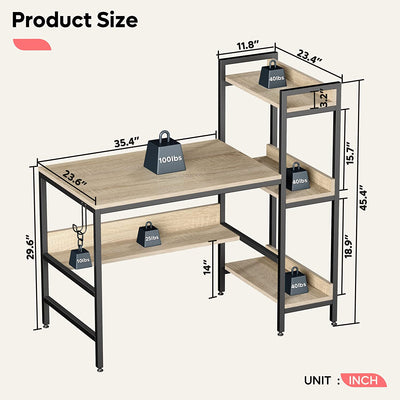Bestier Computer Office Desk Workstation with Side Storage Shelves & Hook, Oak - VMInnovations