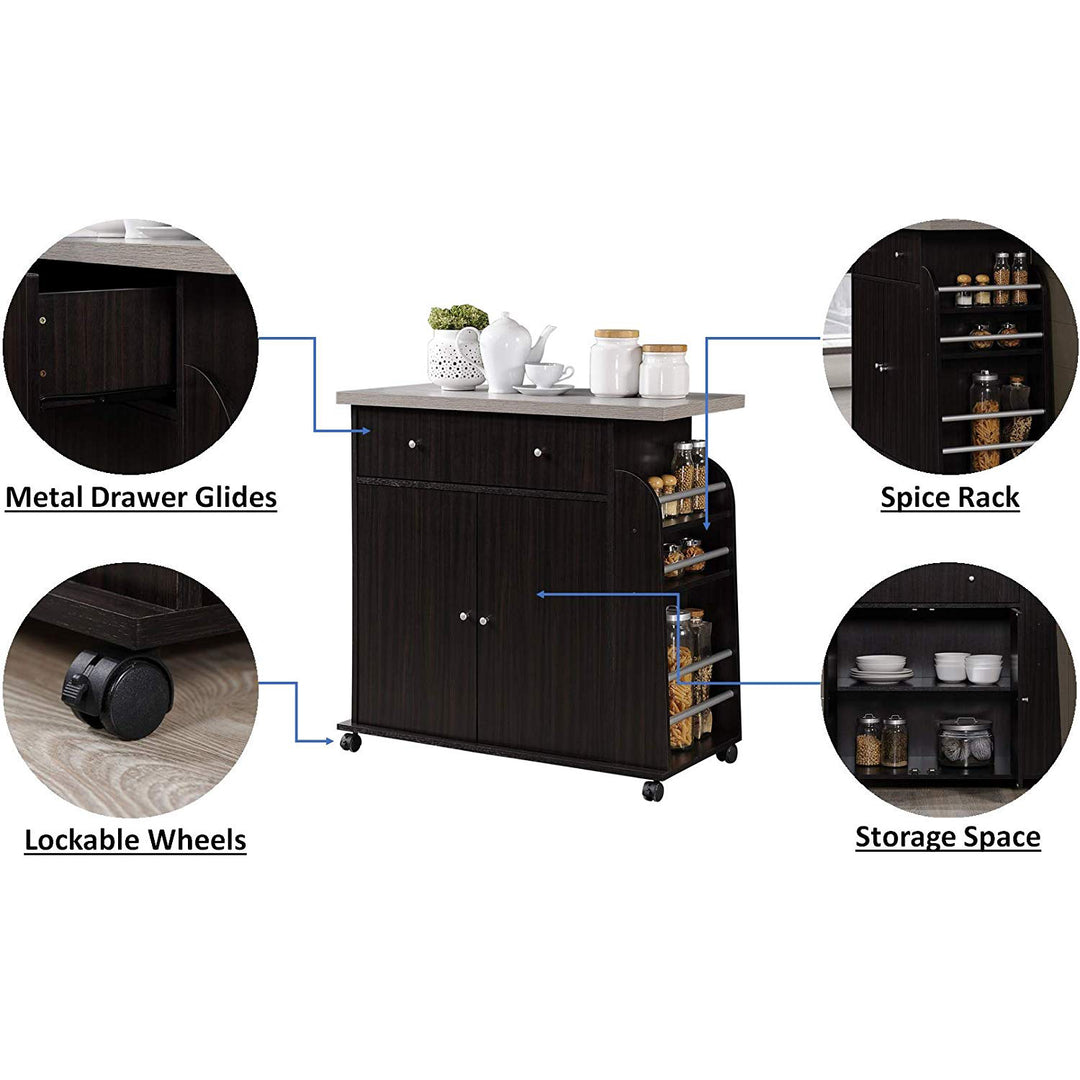 Hodedah Kitchen Island Cabinet Drawer Storage with Spice & Towel Rack, Chocolate - VMInnovations