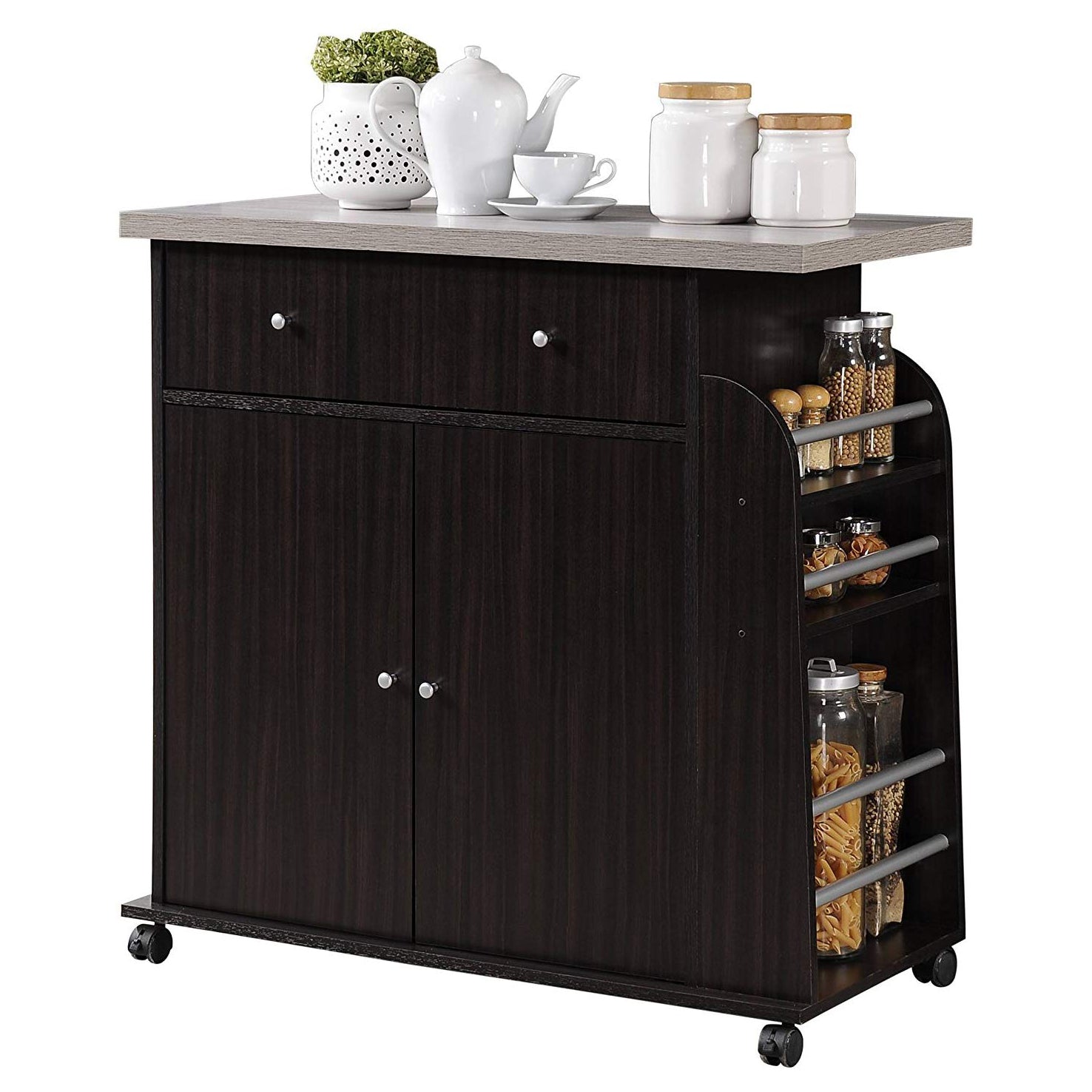 Hodedah Kitchen Island Cabinet Drawer Storage with Spice & Towel Rack, Chocolate - VMInnovations