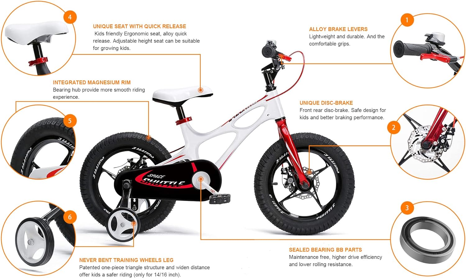 RoyalBaby Space Shuttle 18" Alloy Kids Bicycle w/2 Disc Brakes, White (Open Box) - VMInnovations