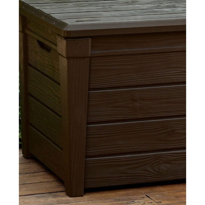 Keter Brightwood 120gal Weatherproof Resin Patio Deck Storage Box Bench, Brown