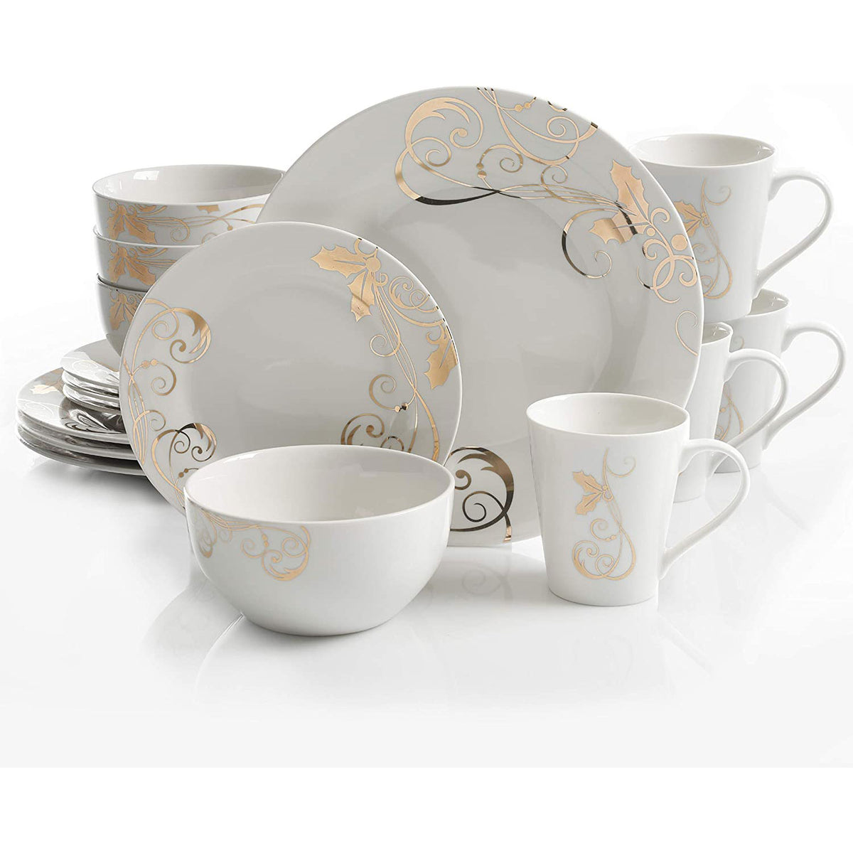 Gibson Porcelain 16 Piece Dinnerware Set Plates, Bowls, & Mugs, Gold (For Parts)