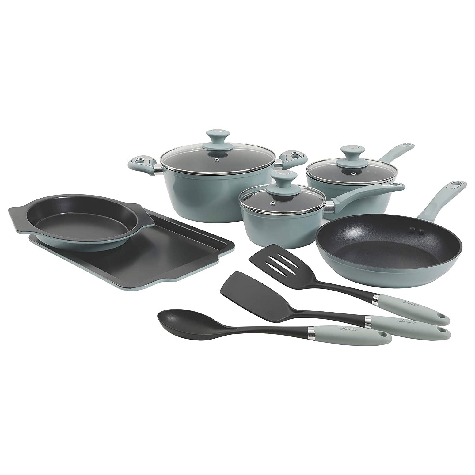 Oster 12 Piece Aluminum Non Stick Home Frying Pot & Pan Cookware Set, Dusty Blue