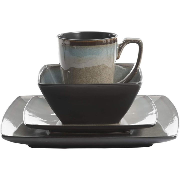 Gibson Elite 16 Piece Glazed Square Dinnerware Plates, Bowls, and Mugs(Open Box) - VMInnovations