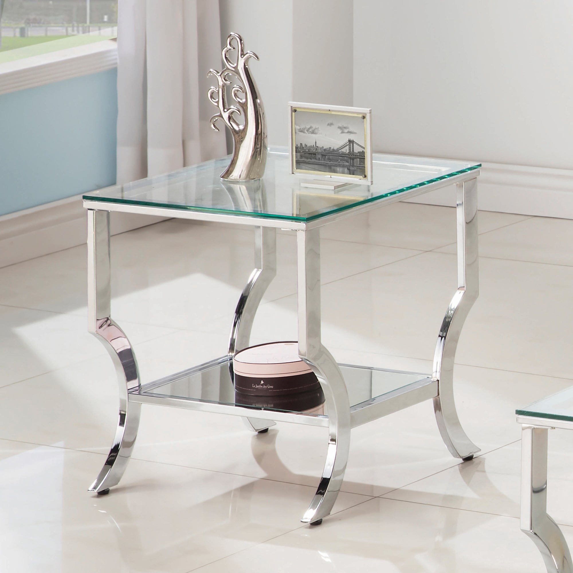 Coaster Home Furnishings Contemporary Square End Table w/ Mirrored Shelf, Chrome - VMInnovations