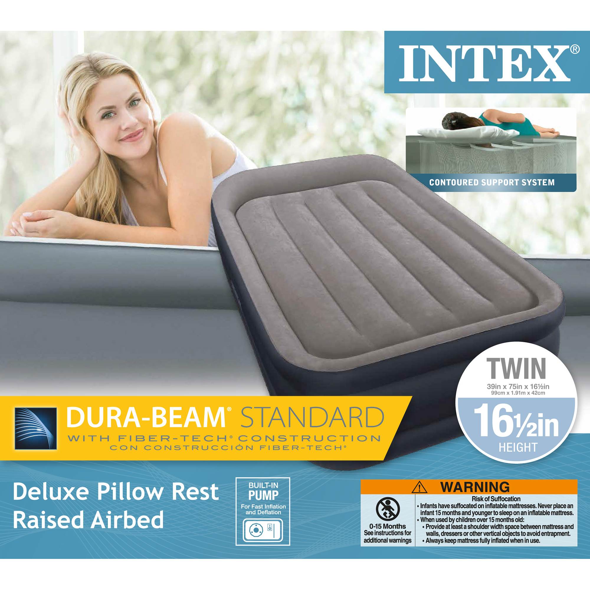 Intex Twin Size Deluxe Pillow Rest Airbed with Fiber-Tech BIP, Gray (Used)