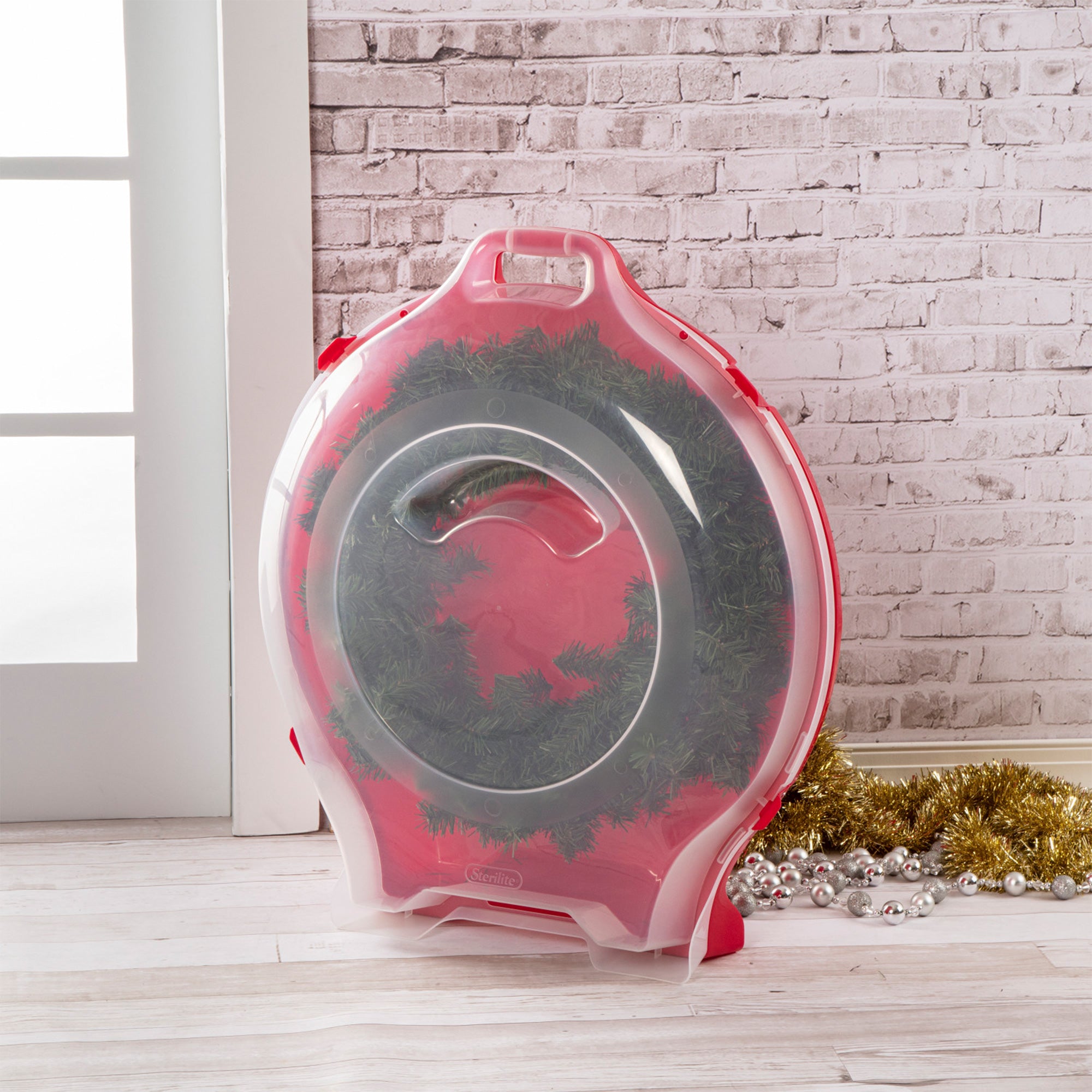 Sterilite Clear Lid Red Base Nesting Storage Christmas Wreath Box (12 Pack)
