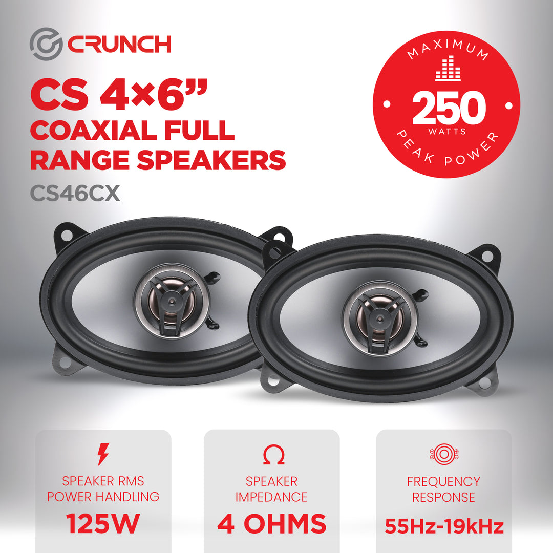 Crunch CS46CX 4x6 Inch 2-Way Car Speakers, 250W Coaxial Audio System, Black