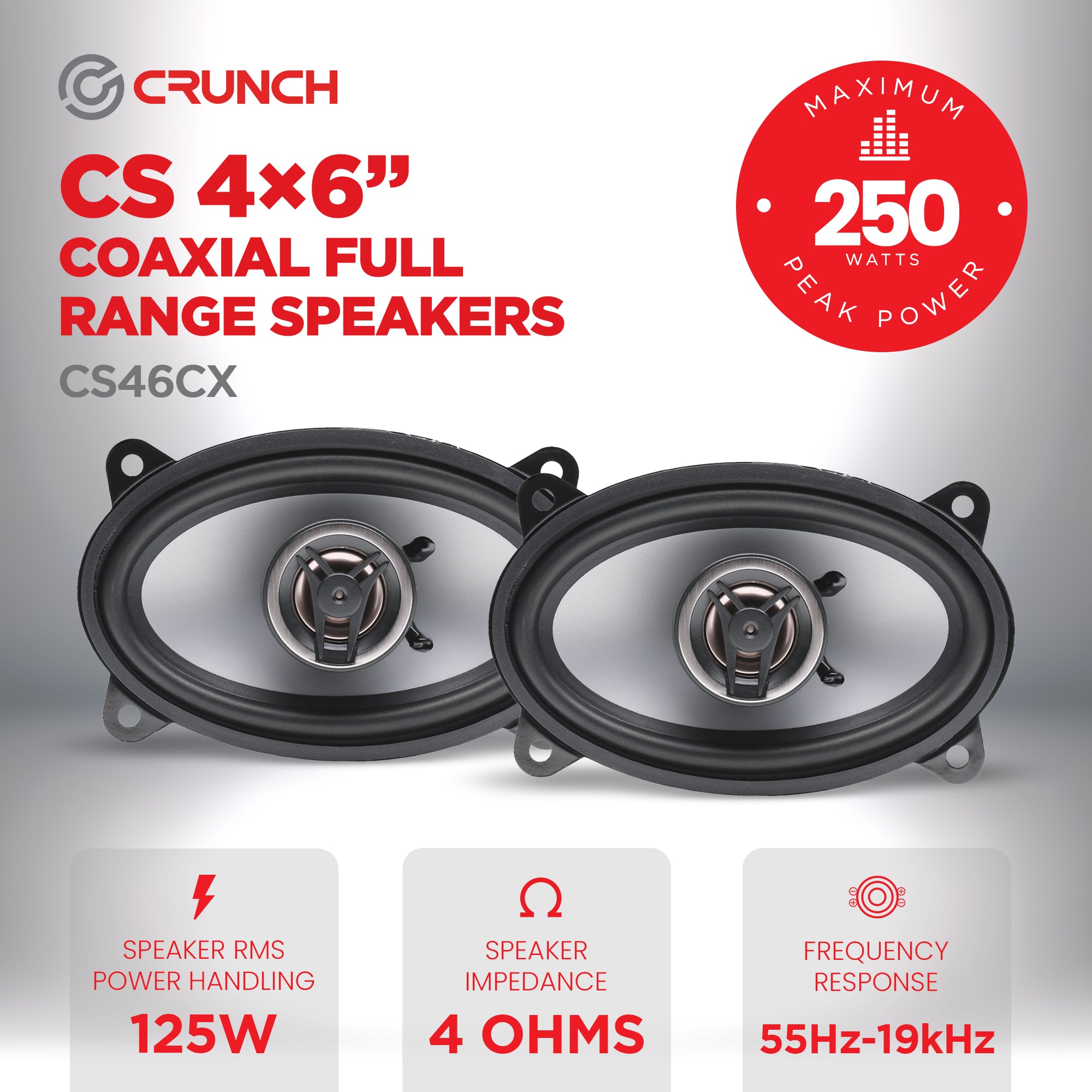 Crunch CS46CX 4x6 Inch 2-Way Car Speakers, 250W Coaxial Audio System, Black - VMInnovations