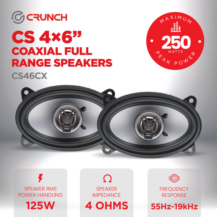 Crunch CS46CX 4x6 Inch 2-Way Car Speakers, 250W Coaxial Audio System, Black