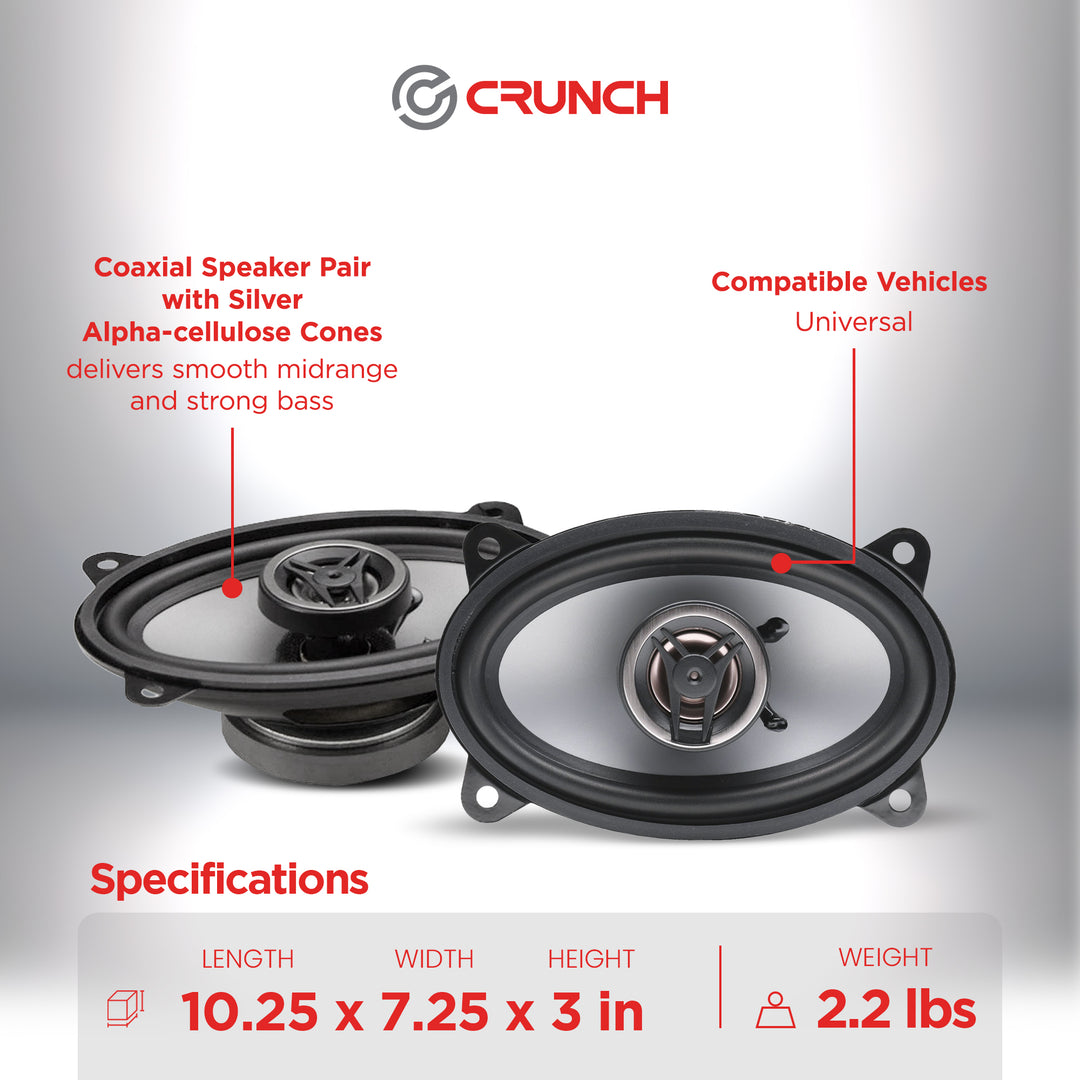 Crunch CS46CX 4x6 Inch 2-Way Car Speakers, 250W Coaxial Audio System, Black