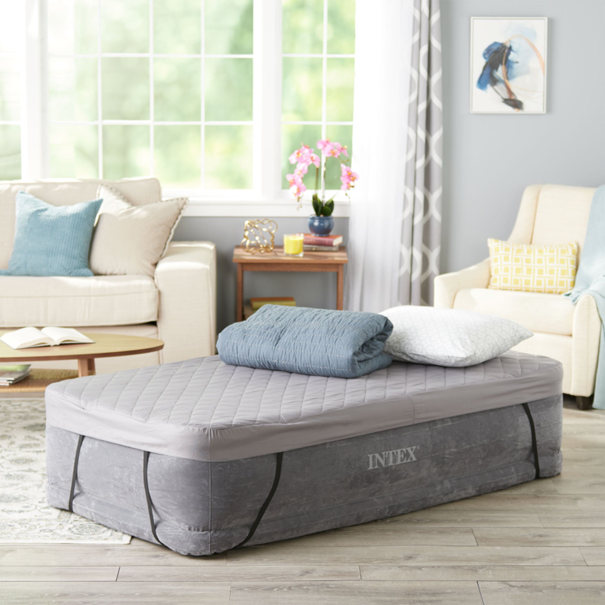 Intex 200 Thread Quilt Fitted Twin Size Airbed Mattress Cover, Gray (Cover Only)
