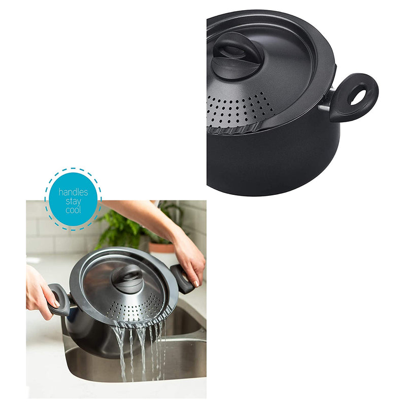 Bialetti 7265 Nonstick Aluminum 5 Quart Kitchen Pasta Pot w/ Strainer Lid, Black