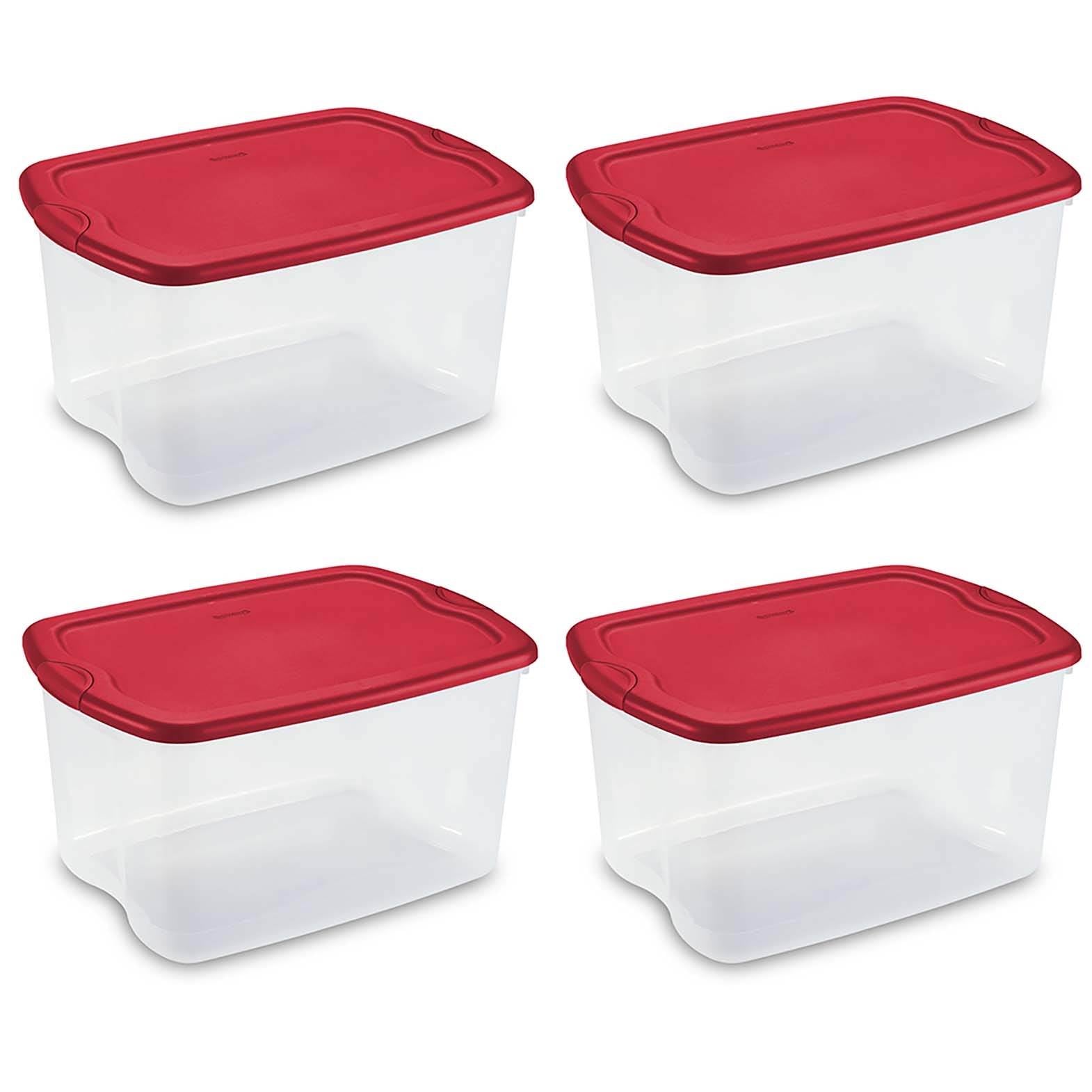 Sterilite 66 Quart Latch and Carry Storage Tote, Clear with Red Lid (4 Pack)