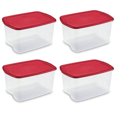 Sterilite 66 Quart Latch and Carry Storage Tote, Clear with Red Lid (4 Pack)