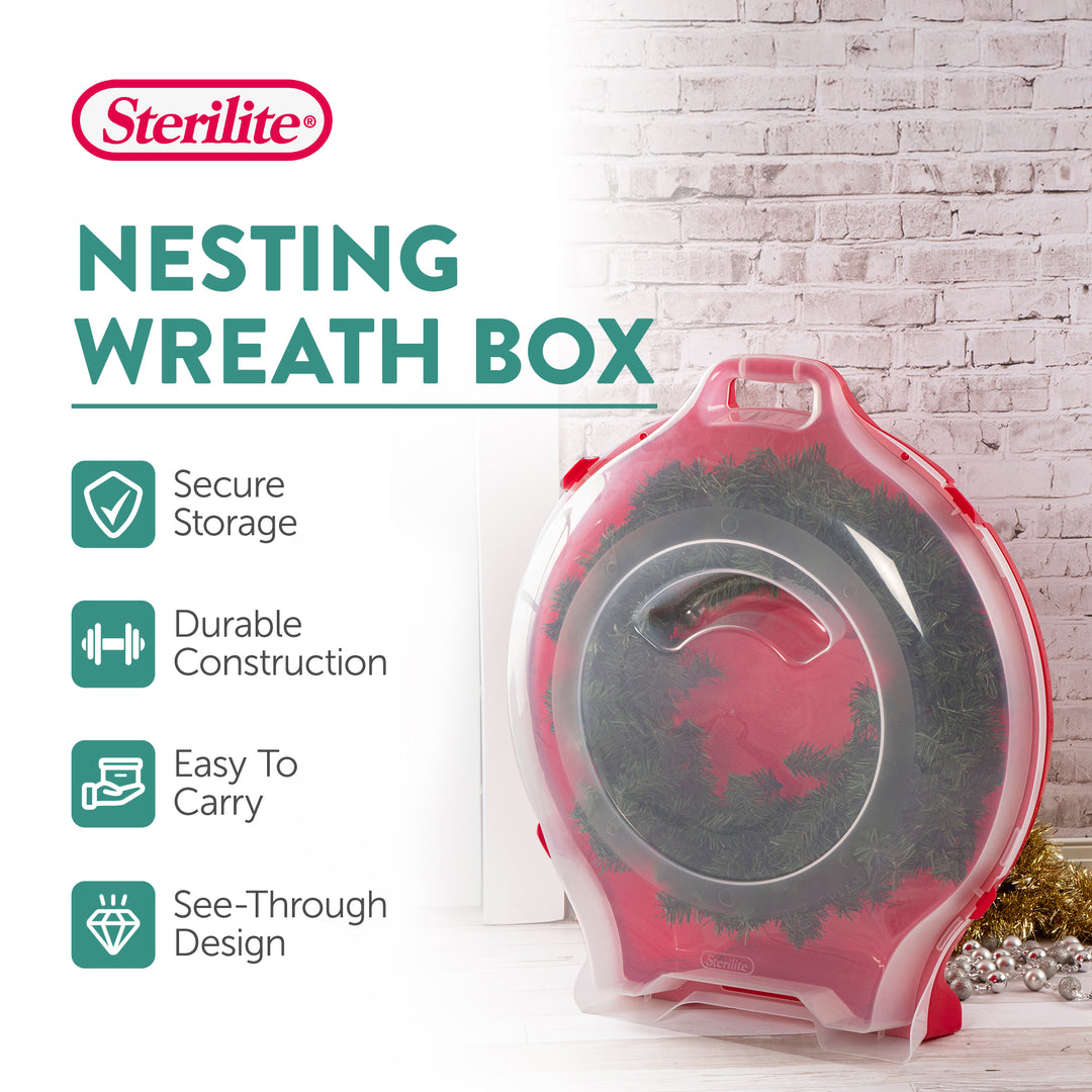 Sterilite Clear Lid Nesting Storage Christmas Holiday Wreath Box, Red (4 Pack)