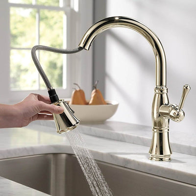 Delta Faucets Cassidy Single Handle Kitchen Faucet, Polished Nickel (Open Box)